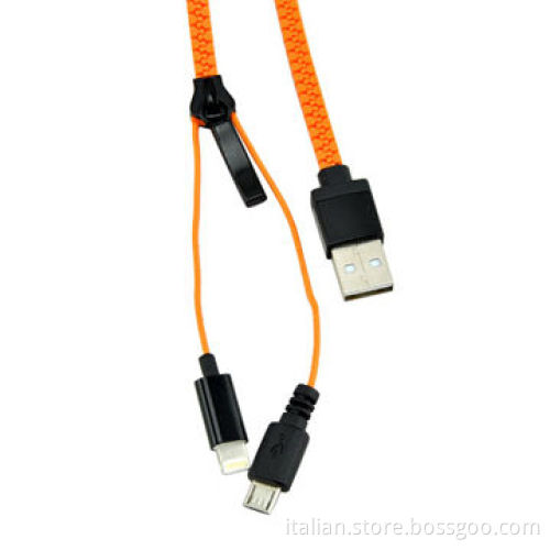 Zipper Style 2-in-1 Charger and Data USB cable for iPhone/Samsung/Android